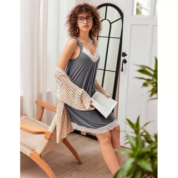 imageEkouaer Womens Nightgown Vneck Chemise Sleepwear Lace Nightwear Soft Lingerie for WomenMid Grey