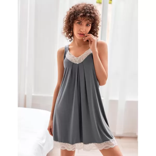 imageEkouaer Womens Nightgown Vneck Chemise Sleepwear Lace Nightwear Soft Lingerie for WomenMid Grey