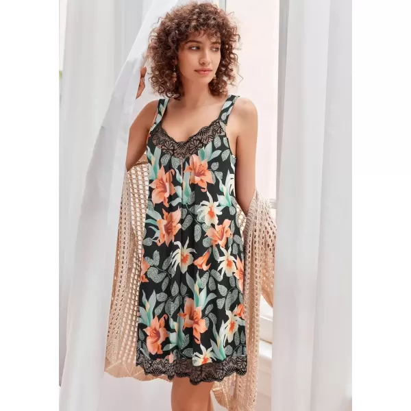 imageEkouaer Womens Nightgown Vneck Chemise Sleepwear Lace Nightwear Soft Lingerie for WomenOrange Flower