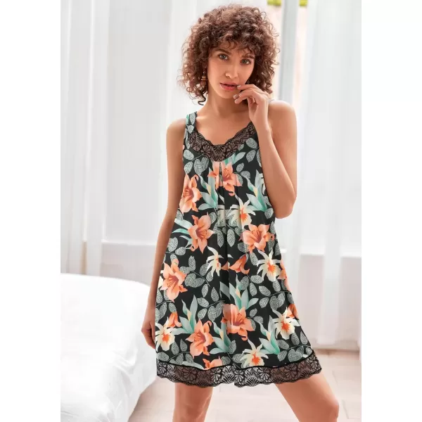 imageEkouaer Womens Nightgown Vneck Chemise Sleepwear Lace Nightwear Soft Lingerie for WomenOrange Flower