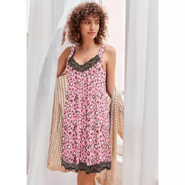 imageEkouaer Womens Nightgown Vneck Chemise Sleepwear Lace Nightwear Soft Lingerie for WomenPink Leopard Print