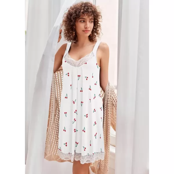 imageEkouaer Womens Nightgown Vneck Chemise Sleepwear Lace Nightwear Soft Lingerie for WomenWhite Cherry Print