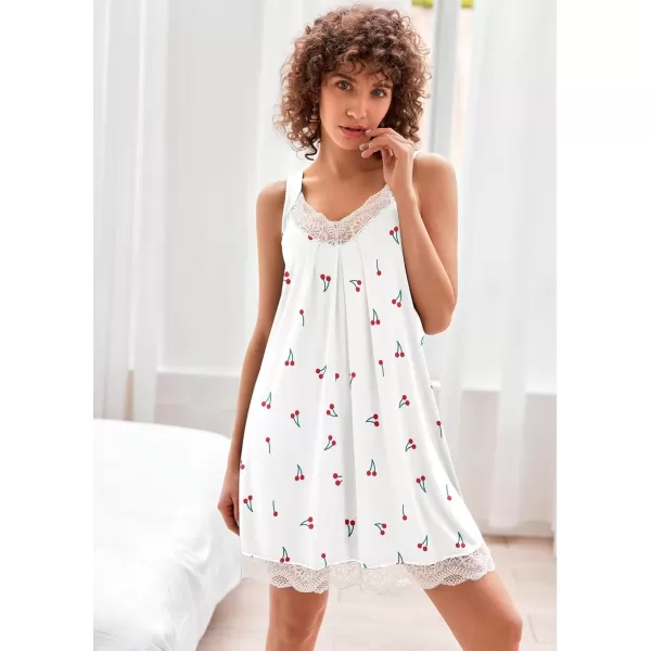 imageEkouaer Womens Nightgown Vneck Chemise Sleepwear Lace Nightwear Soft Lingerie for WomenWhite Cherry Print