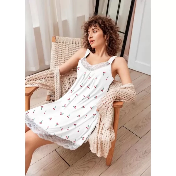 imageEkouaer Womens Nightgown Vneck Chemise Sleepwear Lace Nightwear Soft Lingerie for WomenWhite Cherry Print