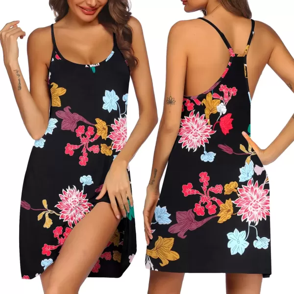 imageEkouaer Womens Racerback Sleeveless NightgownBlack Red Flower