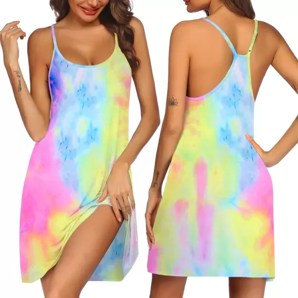 imageEkouaer Womens Racerback Sleeveless NightgownYellow Tie Dye