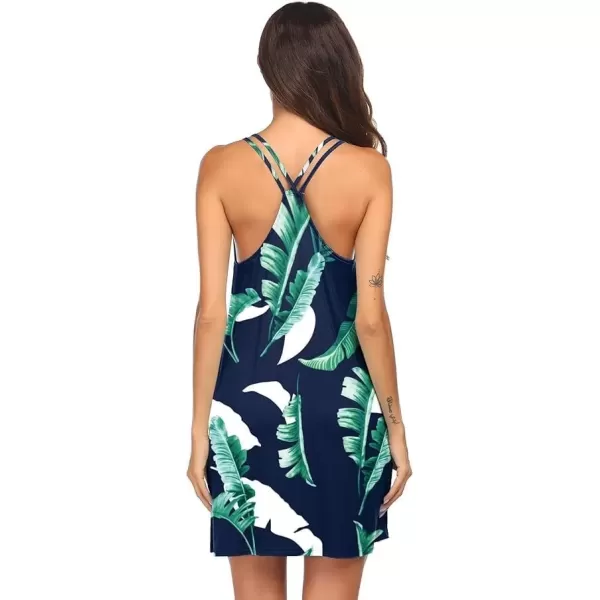 imageEkouaer Womens V Neck Sleeveless NightgownNavy Leaf