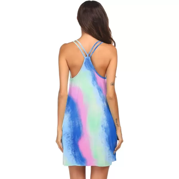 imageEkouaer Womens V Neck Sleeveless NightgownPink Blue Tie Dye