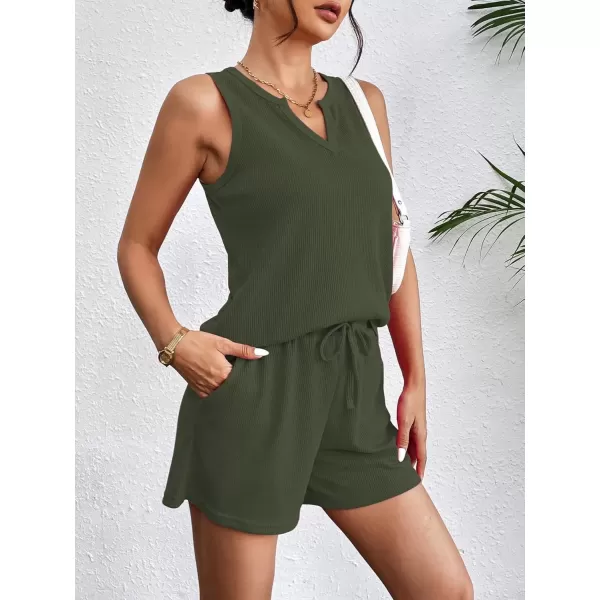 imageEkouaer Pajamas Tank Top and Shorts Lounge Sets Waffle Knit V Neck Pj Short Sets Casual Outfits for WomenArmy Green