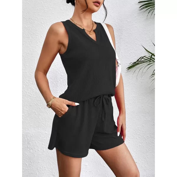 imageEkouaer Pajamas Tank Top and Shorts Lounge Sets Waffle Knit V Neck Pj Short Sets Casual Outfits for WomenBlack