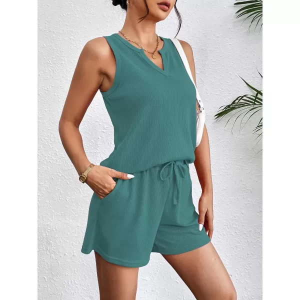 imageEkouaer Pajamas Tank Top and Shorts Lounge Sets Waffle Knit V Neck Pj Short Sets Casual Outfits for WomenDark Turquoise