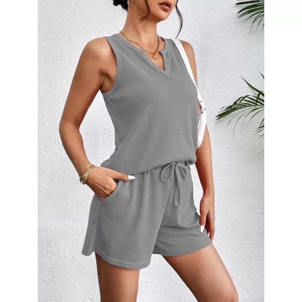 imageEkouaer Pajamas Tank Top and Shorts Lounge Sets Waffle Knit V Neck Pj Short Sets Casual Outfits for WomenGrey