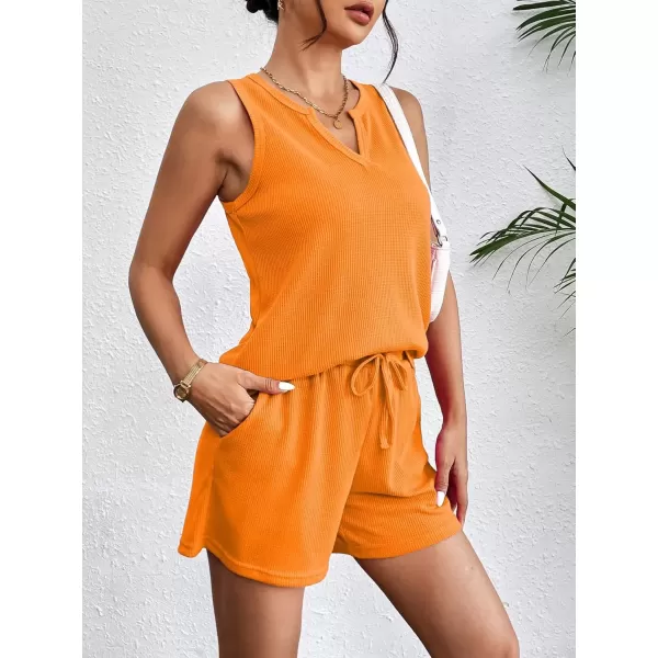 imageEkouaer Pajamas Tank Top and Shorts Lounge Sets Waffle Knit V Neck Pj Short Sets Casual Outfits for WomenOrange