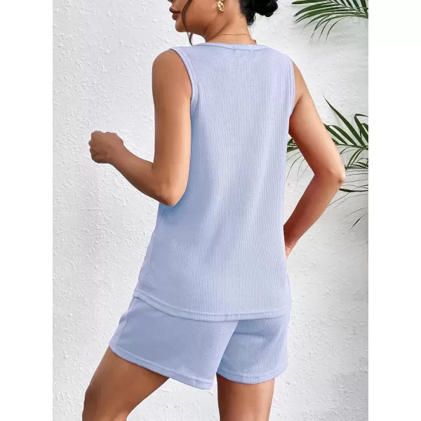 imageEkouaer Pajamas Tank Top and Shorts Lounge Sets Waffle Knit V Neck Pj Short Sets Casual Outfits for WomenSky Blue