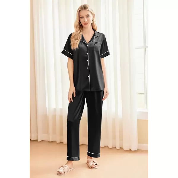 imageEkouaer Silk Satin Pajama Set for Women Soft Short Sleeve Button Down Pj Sets 3 Piece Sleepwear Loungewear SXXLBlack