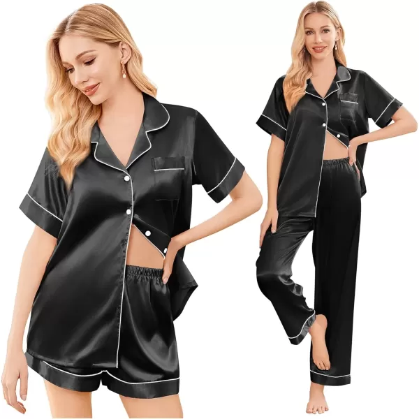 imageEkouaer Silk Satin Pajama Set for Women Soft Short Sleeve Button Down Pj Sets 3 Piece Sleepwear Loungewear SXXLBlack