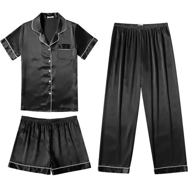 imageEkouaer Silk Satin Pajama Set for Women Soft Short Sleeve Button Down Pj Sets 3 Piece Sleepwear Loungewear SXXLBlack