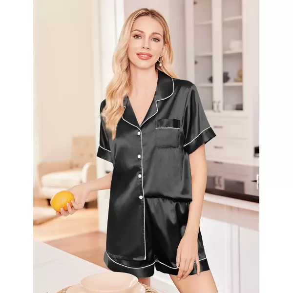 imageEkouaer Silk Satin Pajama Set for Women Soft Short Sleeve Button Down Pj Sets 3 Piece Sleepwear Loungewear SXXLBlack