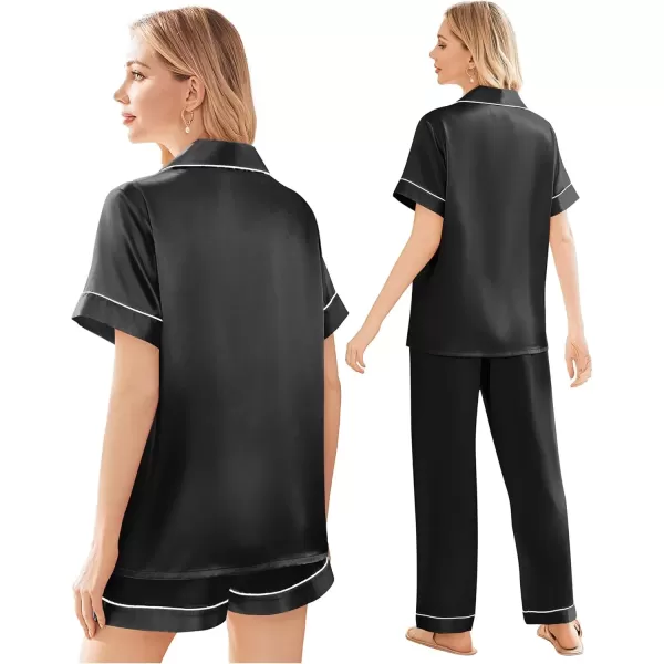 imageEkouaer Silk Satin Pajama Set for Women Soft Short Sleeve Button Down Pj Sets 3 Piece Sleepwear Loungewear SXXLBlack