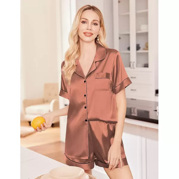 imageEkouaer Silk Satin Pajama Set for Women Soft Short Sleeve Button Down Pj Sets 3 Piece Sleepwear Loungewear SXXLBrown