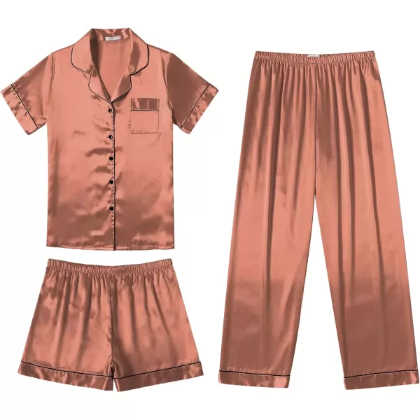 imageEkouaer Silk Satin Pajama Set for Women Soft Short Sleeve Button Down Pj Sets 3 Piece Sleepwear Loungewear SXXLBrown