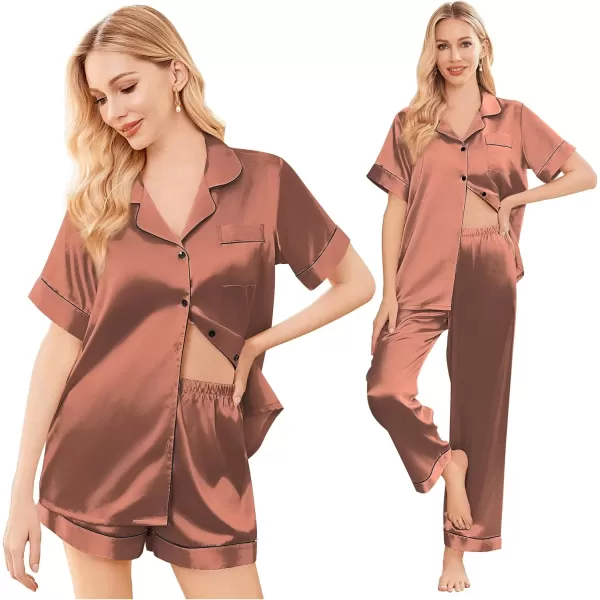 imageEkouaer Silk Satin Pajama Set for Women Soft Short Sleeve Button Down Pj Sets 3 Piece Sleepwear Loungewear SXXLBrown