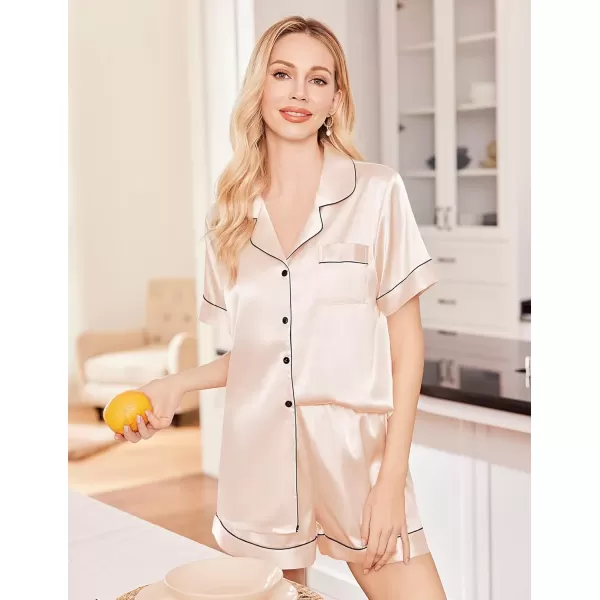 imageEkouaer Silk Satin Pajama Set for Women Soft Short Sleeve Button Down Pj Sets 3 Piece Sleepwear Loungewear SXXLChampagne