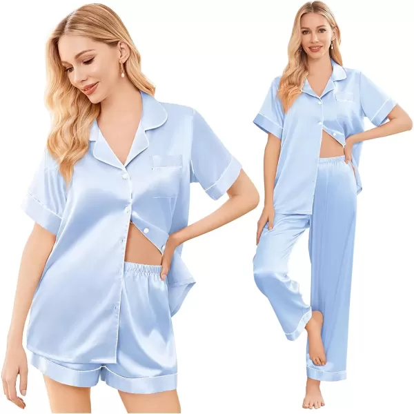 imageEkouaer Silk Satin Pajama Set for Women Soft Short Sleeve Button Down Pj Sets 3 Piece Sleepwear Loungewear SXXLClear Blue