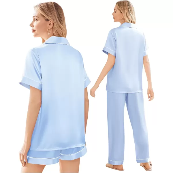 imageEkouaer Silk Satin Pajama Set for Women Soft Short Sleeve Button Down Pj Sets 3 Piece Sleepwear Loungewear SXXLClear Blue