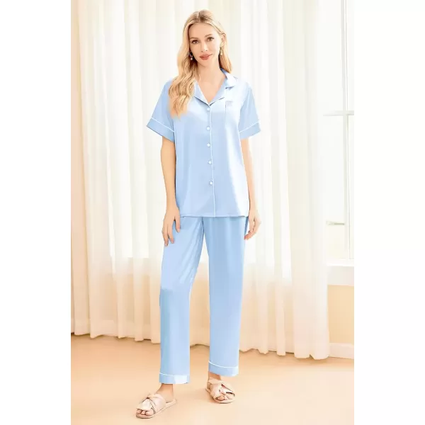 imageEkouaer Silk Satin Pajama Set for Women Soft Short Sleeve Button Down Pj Sets 3 Piece Sleepwear Loungewear SXXLClear Blue