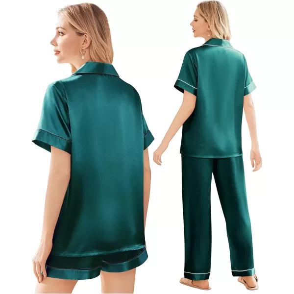 imageEkouaer Silk Satin Pajama Set for Women Soft Short Sleeve Button Down Pj Sets 3 Piece Sleepwear Loungewear SXXLDark Green