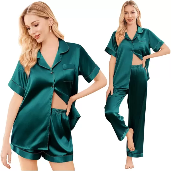 imageEkouaer Silk Satin Pajama Set for Women Soft Short Sleeve Button Down Pj Sets 3 Piece Sleepwear Loungewear SXXLDark Green