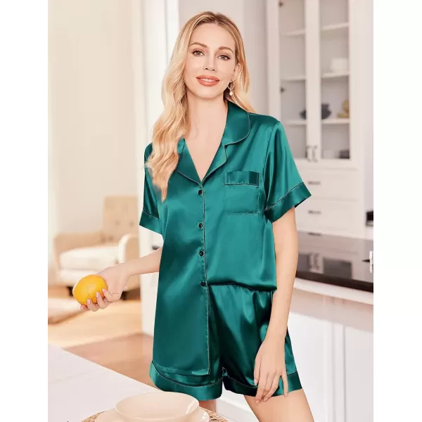 imageEkouaer Silk Satin Pajama Set for Women Soft Short Sleeve Button Down Pj Sets 3 Piece Sleepwear Loungewear SXXLDark Green