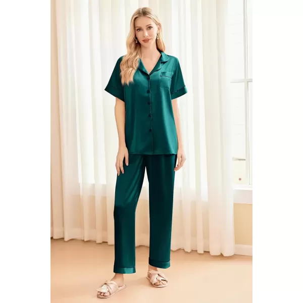 imageEkouaer Silk Satin Pajama Set for Women Soft Short Sleeve Button Down Pj Sets 3 Piece Sleepwear Loungewear SXXLDark Green