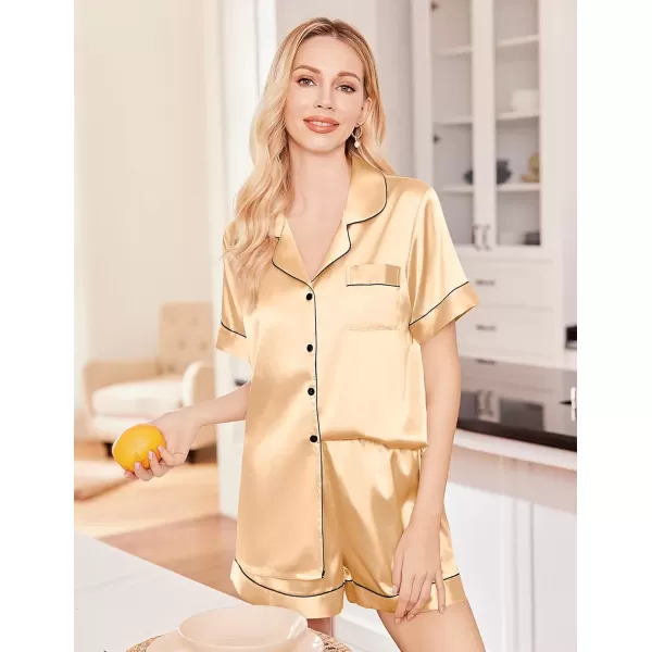 imageEkouaer Silk Satin Pajama Set for Women Soft Short Sleeve Button Down Pj Sets 3 Piece Sleepwear Loungewear SXXLKhaki