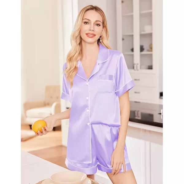 imageEkouaer Silk Satin Pajama Set for Women Soft Short Sleeve Button Down Pj Sets 3 Piece Sleepwear Loungewear SXXLLilac