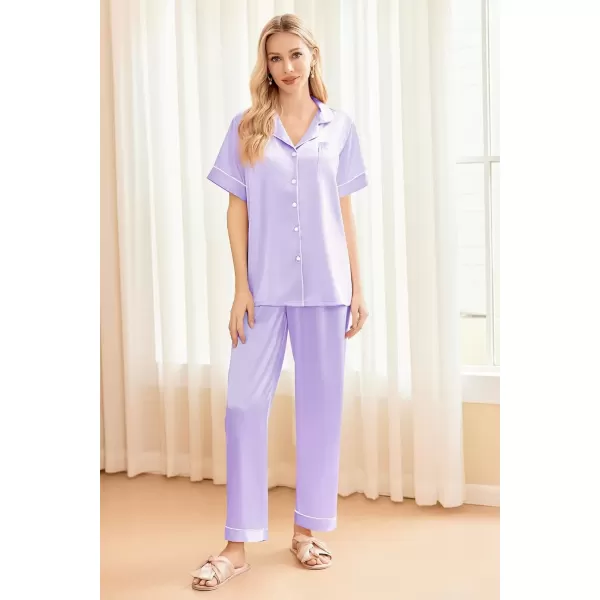 imageEkouaer Silk Satin Pajama Set for Women Soft Short Sleeve Button Down Pj Sets 3 Piece Sleepwear Loungewear SXXLLilac