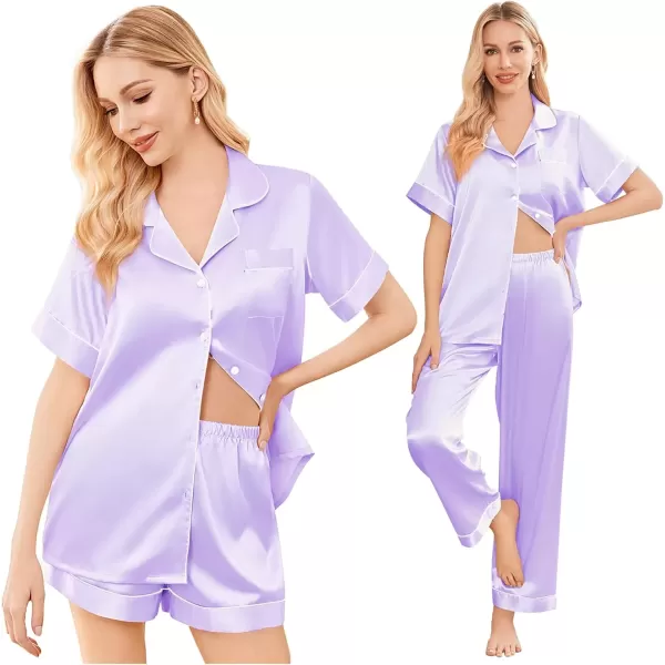 imageEkouaer Silk Satin Pajama Set for Women Soft Short Sleeve Button Down Pj Sets 3 Piece Sleepwear Loungewear SXXLLilac