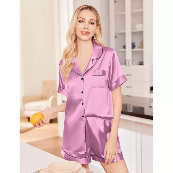 imageEkouaer Silk Satin Pajama Set for Women Soft Short Sleeve Button Down Pj Sets 3 Piece Sleepwear Loungewear SXXLMauve Red