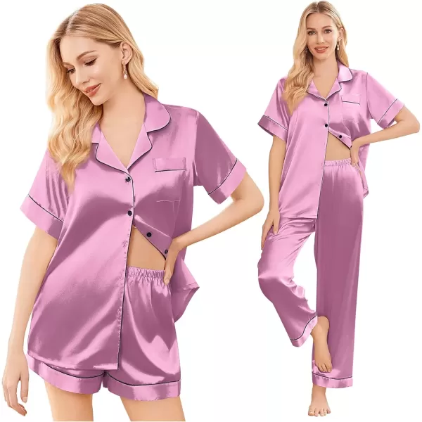 imageEkouaer Silk Satin Pajama Set for Women Soft Short Sleeve Button Down Pj Sets 3 Piece Sleepwear Loungewear SXXLMauve Red