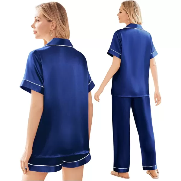 imageEkouaer Silk Satin Pajama Set for Women Soft Short Sleeve Button Down Pj Sets 3 Piece Sleepwear Loungewear SXXLNavy Blue