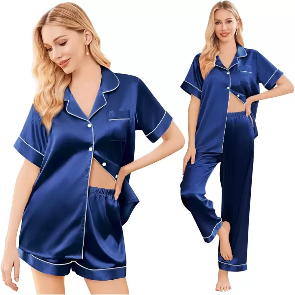 imageEkouaer Silk Satin Pajama Set for Women Soft Short Sleeve Button Down Pj Sets 3 Piece Sleepwear Loungewear SXXLNavy Blue