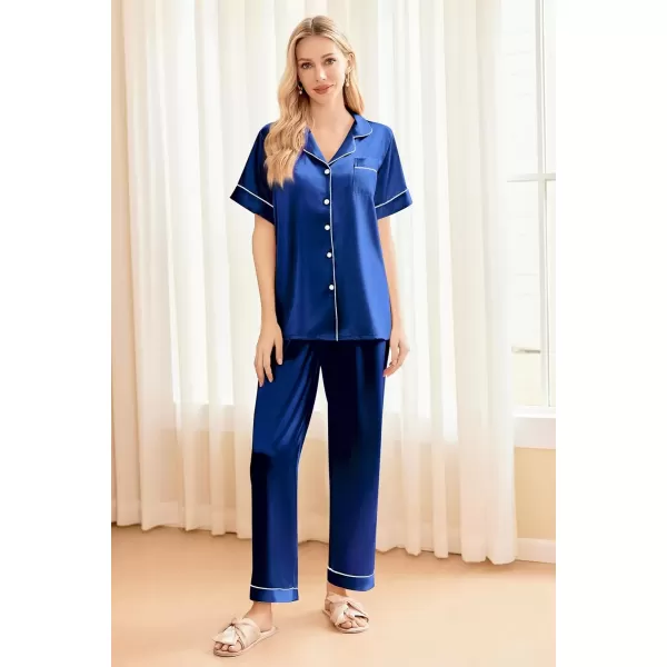 imageEkouaer Silk Satin Pajama Set for Women Soft Short Sleeve Button Down Pj Sets 3 Piece Sleepwear Loungewear SXXLNavy Blue