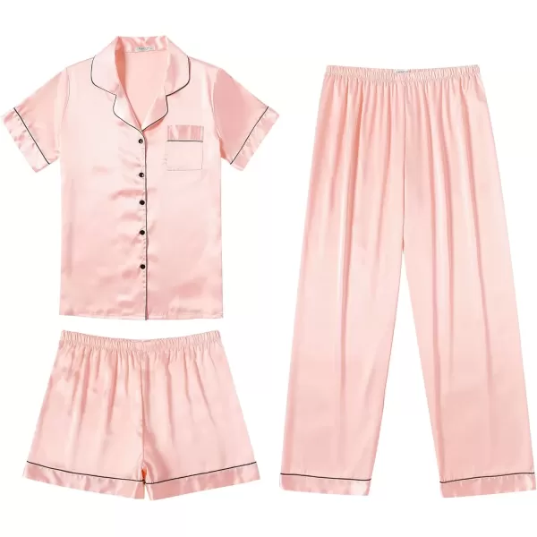 imageEkouaer Silk Satin Pajama Set for Women Soft Short Sleeve Button Down Pj Sets 3 Piece Sleepwear Loungewear SXXLPink