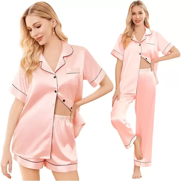 imageEkouaer Silk Satin Pajama Set for Women Soft Short Sleeve Button Down Pj Sets 3 Piece Sleepwear Loungewear SXXLPink