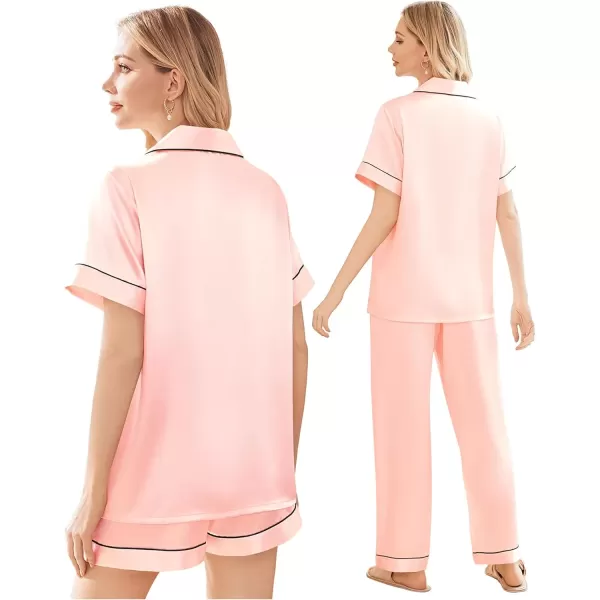 imageEkouaer Silk Satin Pajama Set for Women Soft Short Sleeve Button Down Pj Sets 3 Piece Sleepwear Loungewear SXXLPink