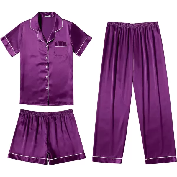 imageEkouaer Silk Satin Pajama Set for Women Soft Short Sleeve Button Down Pj Sets 3 Piece Sleepwear Loungewear SXXLPurple