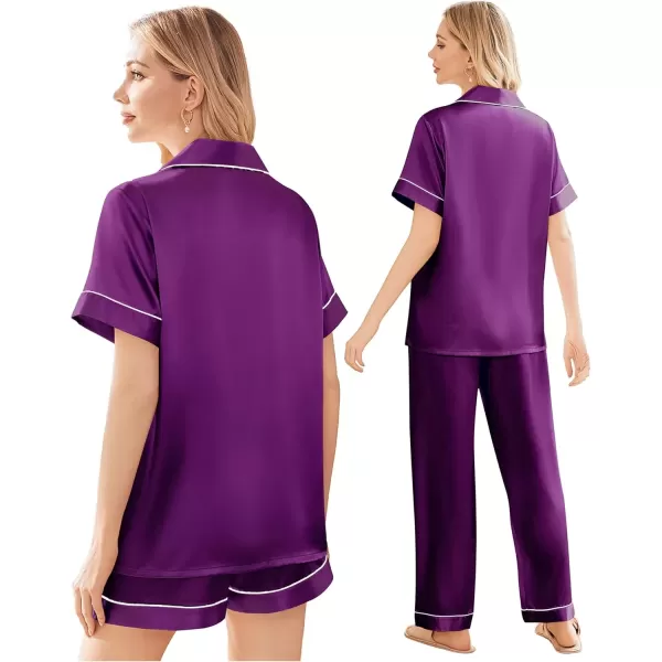 imageEkouaer Silk Satin Pajama Set for Women Soft Short Sleeve Button Down Pj Sets 3 Piece Sleepwear Loungewear SXXLPurple