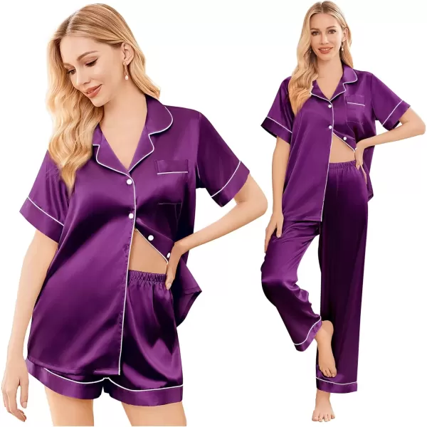 imageEkouaer Silk Satin Pajama Set for Women Soft Short Sleeve Button Down Pj Sets 3 Piece Sleepwear Loungewear SXXLPurple