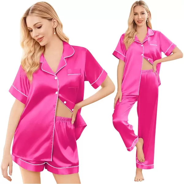 imageEkouaer Silk Satin Pajama Set for Women Soft Short Sleeve Button Down Pj Sets 3 Piece Sleepwear Loungewear SXXLRose Red